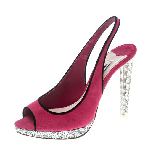 Suede Crystal Embellished Heel Gliiter Platform Peep Toe Slingback Sandals Size 37.5 - Miu Miu - Modalova