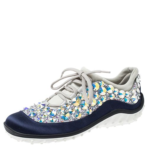 Miu Miu Blue/Grey Embellished Satin and Mesh Astro Sneakers Size 35 - Miu Miu - Modalova