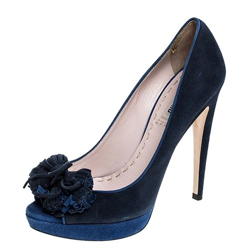 Miu Miu Blue Suede Tassel Detail Peep Toe Platform Pumps Size 39 - Miu Miu - Modalova