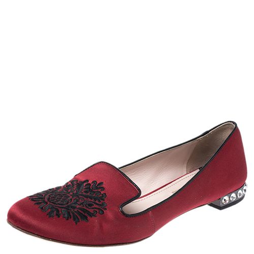 Miu Miu Red Satin Embroidered Crystal Studded Smoking Slippers Size 38.5 - Miu Miu - Modalova