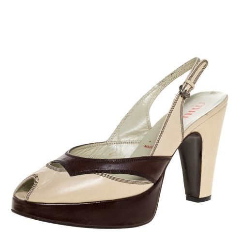 Miu Miu Cream/Brown Leather Peep Toe Platform Slingback Sandals Size 38.5 - Miu Miu - Modalova