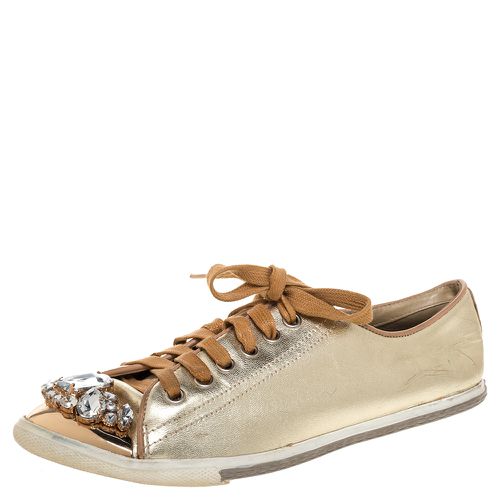 Leather Crystal Embellished Cap Toe Sneakers Size 38 - Miu Miu - Modalova