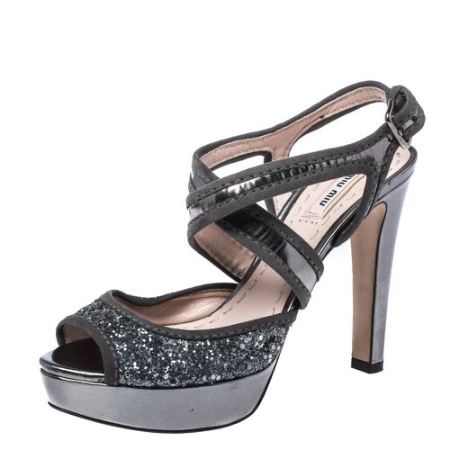 Miu Miu Metallic Grey Glitter And Suede Leather Trim Cross Strap Peep Toe Platform Sandals Size 37.5 - Miu Miu - Modalova