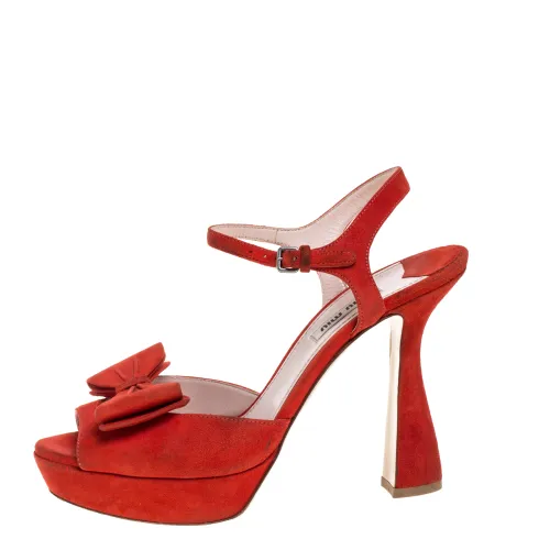 Suede Bow Ankle Strap Platform Sandals Size 39 - Miu Miu - Modalova