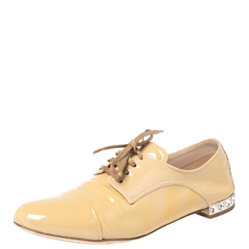 Miu Miu Beige Patent Leather Crystal Embellished Heel Lace Derby Size 36 - Miu Miu - Modalova