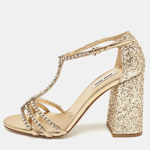 Miu Miu Gold Glitter and Leather Crystal Embellished Ankle Strap Sandals Size 37 - Miu Miu - Modalova