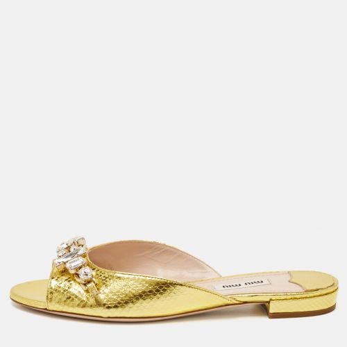 Miu Miu Gold Snakeskin Embossed Leather Bow Flat Sandals Size 36 - Miu Miu - Modalova