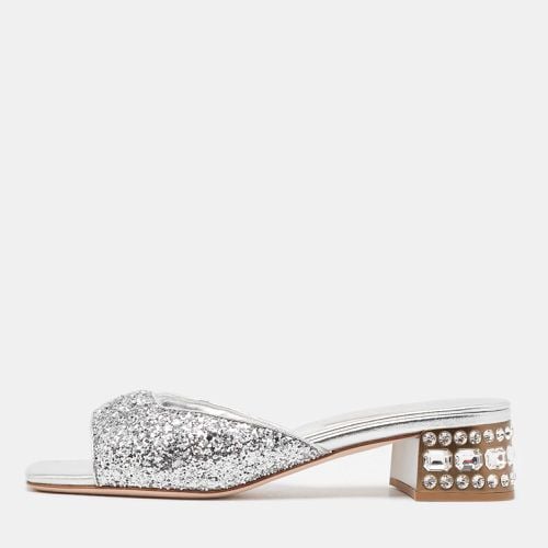 Miu Miu Silver Glitter Embellished Block Heel Slide Sandals Size 38 - Miu Miu - Modalova