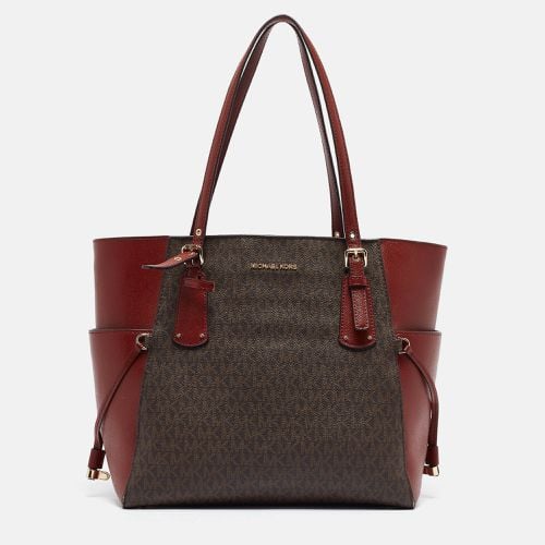 Michael Kors Red/Brown Signature Coated Canvas and Leather Voyager East West Tote - Michael Kors - Modalova