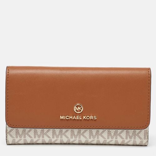 Michael Kors White/Tan Coated Canvas and Leather Fulton Continental Wallet - Michael Kors - Modalova