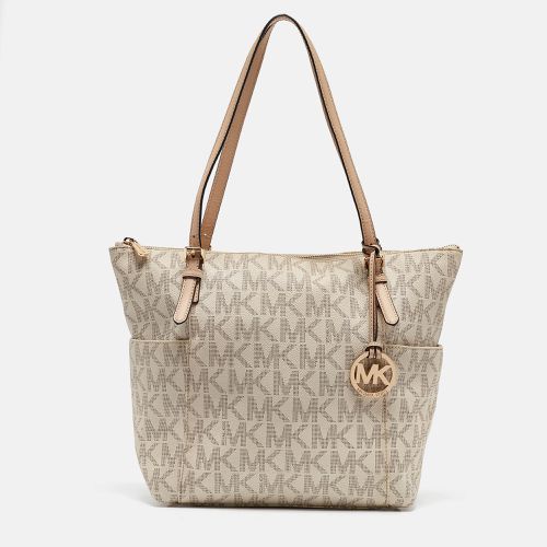 Michael Kors Off White/Beige Signature Coated Canvas and Leather Jet Set Top Zip Tote - Michael Kors - Modalova