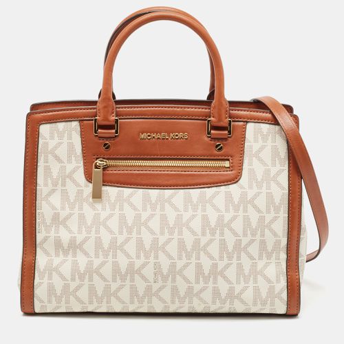 Michael Kors Brown/White Signature Coated Canvas and Leather Selma Zip Tote - Michael Kors - Modalova