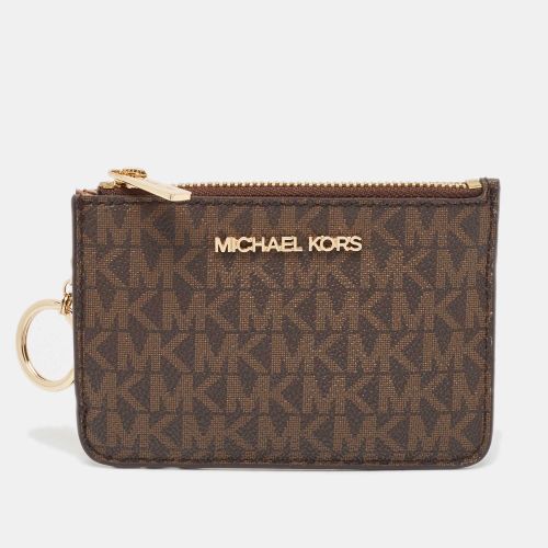 Michael Kors Dark Brown/Beige Signature Coated Canvas and Leather Zip Card Holder - Michael Kors - Modalova