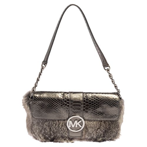 Michael Kors Metallic Grey Python Embossed Leather and Rabbit Fur Fulton Baguette - Michael Kors - Modalova