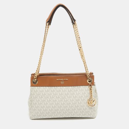 Michael Kors White/Brown Signature Coated Canvas and Leather Small Susan Tote - Michael Kors - Modalova