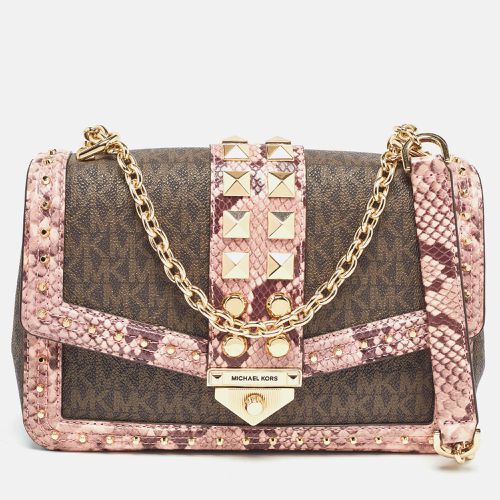 Michael Kors Brown/Pink Signature Coated Canvas & Python Embossed Large Studded Soho Shoulder Bag - Michael Kors - Modalova