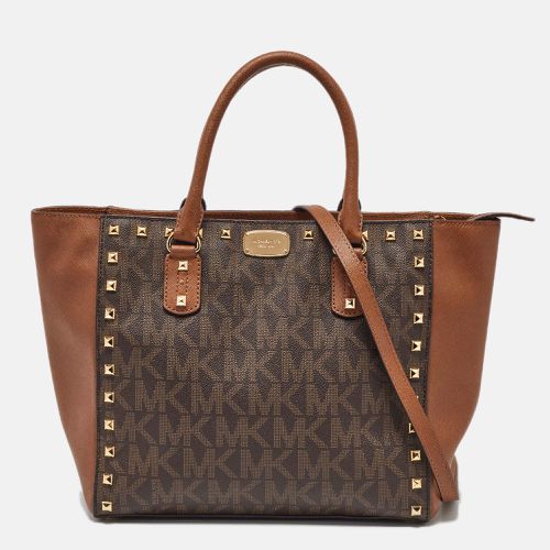 MICHAEL Michael Kors Brown Signature Coated Canvas and Leather Studded Sandrine Tote - MICHAEL Michael Kors - Modalova