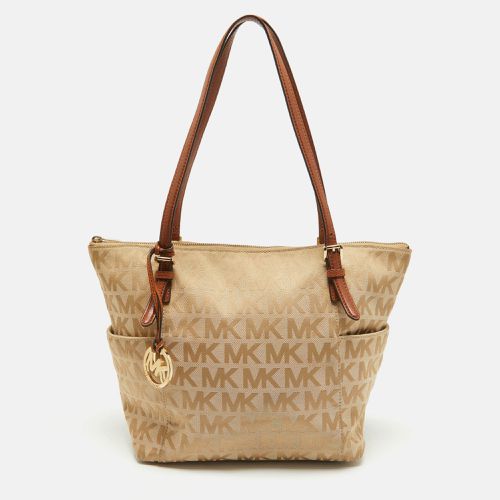 MICHAEL Michael Kors Beige/Brown Signature Canvas and Leather Jet Set Top Zip Tote - MICHAEL Michael Kors - Modalova