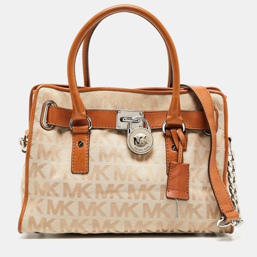 MICHAEL Michael Kors Beige/Brown Signature Canvas and Leather Hamilton Lock Tote - MICHAEL Michael Kors - Modalova