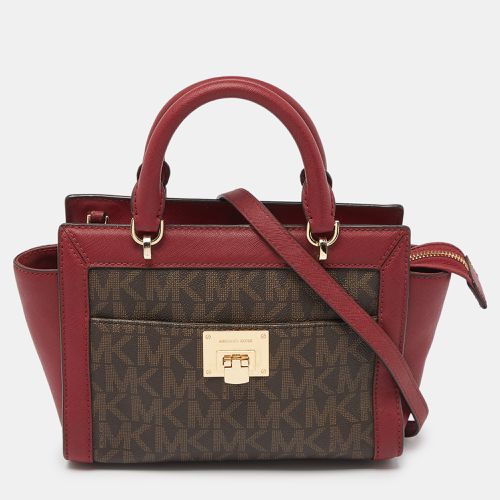 MICHAEL Michael Kors Brown/Red Signature Coated Canvas and Leather Tina Tote - MICHAEL Michael Kors - Modalova