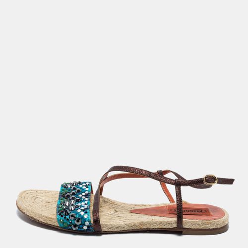 Missoni Blue/Dark Brown Crystal Embellished Fabric and Leather Ankle Strap Flat Sandals Size 35 - Missoni - Modalova