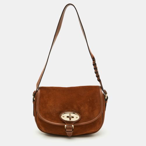 Mulberry Brown Suede and Leather Braided Accent Flap Crossbody Bag - Mulberry - Modalova