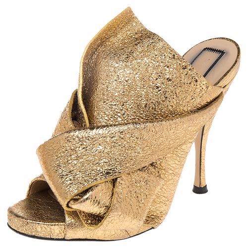 N21 Glitter Knot Gold Crackled Leather Mule Sandals Size 36 - N21 - Modalova