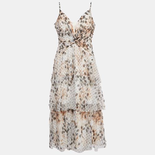 Notte By Marchesa White Printed Tulle Ruched Tiered Midi Dress L - Notte By Marchesa - Modalova