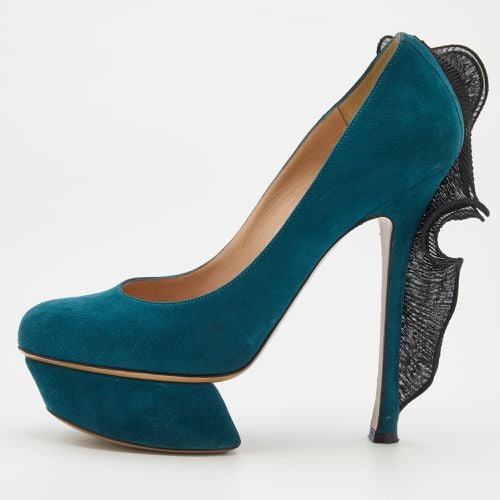 Nicholas Kirkwood Teal Blue/Black Suede and Ruffle Fabric Platform Pumps Size 37 - Nicholas Kirkwood - Modalova