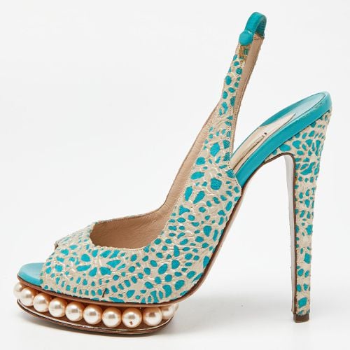 Nicholas Kirkwood Blue/White Textured Suede Pearl Embellished Slingback Sandals Size 39 - Nicholas Kirkwood - Modalova