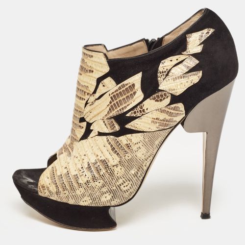 Nicholas Kirkwood Black/Yellow Suede and Embossed Lizard Open Toe Platform Booties Size 40.5 - Nicholas Kirkwood - Modalova