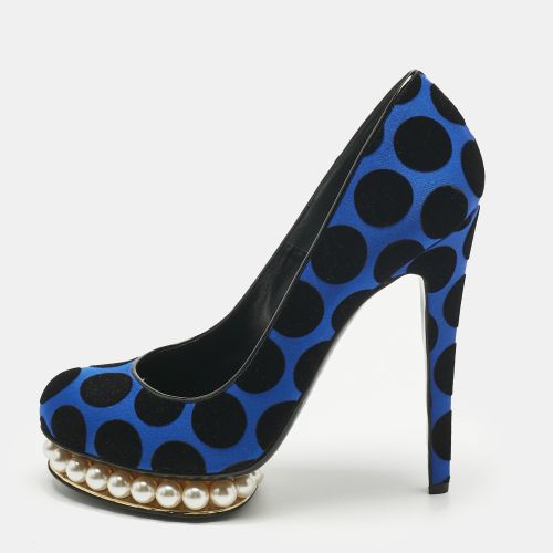 Nicholas Kirkwood Blue/Black Polka Dot Satin and Velvet Faux Pearl Casati Platform Pumps Size 39 - Nicholas Kirkwood - Modalova