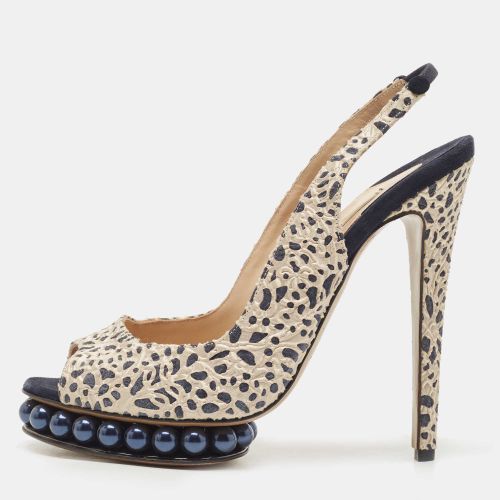 Nicholas Kirkwood Navy Blue/Cream Laser Cut Lace and Suede Pearl Platform Peep Toe Slingback Pumps Size 39 - Nicholas Kirkwood - Modalova