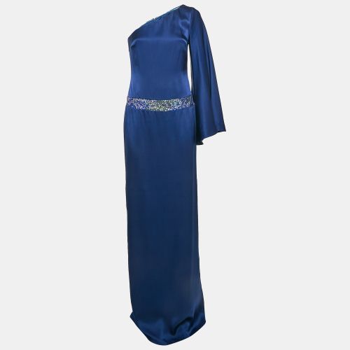 Nicole Miller Blue Sequin Embellished Satin Silk One Shoulder Cocktail Dress M - Nicole Miller - Modalova