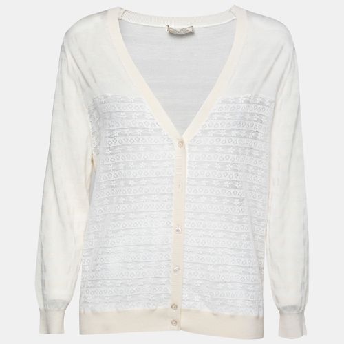 Nina Ricci Cream Striped Knit and Lace Cardigan XL - Nina Ricci - Modalova