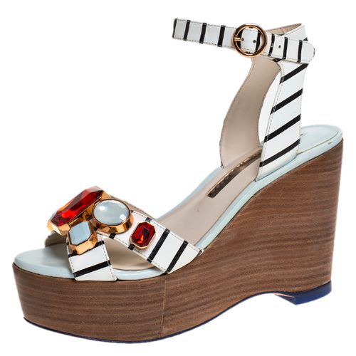 Sophia Webster White/Black Striped Leather Suki Gem Embellished Wedge Platform Sandals Size 37.5 - Sophia Webster - Modalova