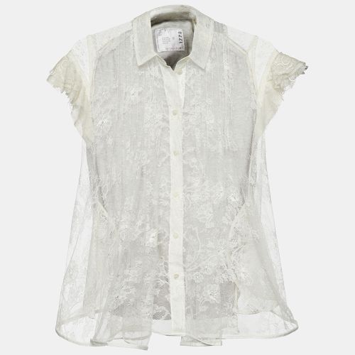 Sacai White Lace & Cotton Paneled Button Front Top S - Sacai - Modalova