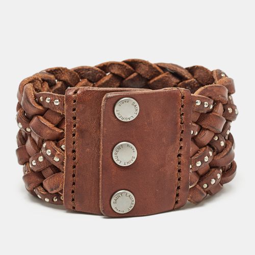 Saint Laurent Paris Brown Studded & Braided Leather Wide Bracelet - Saint Laurent Paris - Modalova