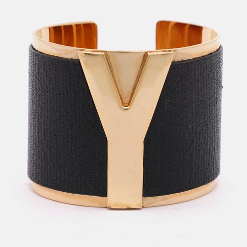 Yves Saint Laurent Black/Gold Tone Metal and Leather Y Wide Cuff Bracelet - Saint Laurent Paris - Modalova