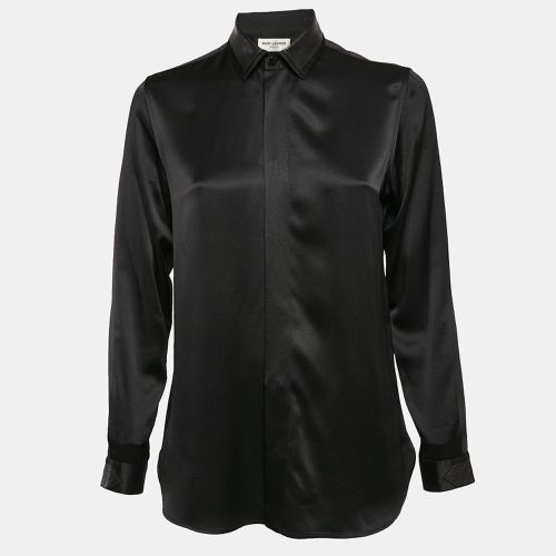 Satin Silk Leather Trim Button Front Shirt M - Saint Laurent Paris - Modalova