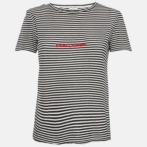 Saint Laurent Paris White/Black Stripe Logo Embroidered Jersey T-Shirt M - Saint Laurent Paris - Modalova