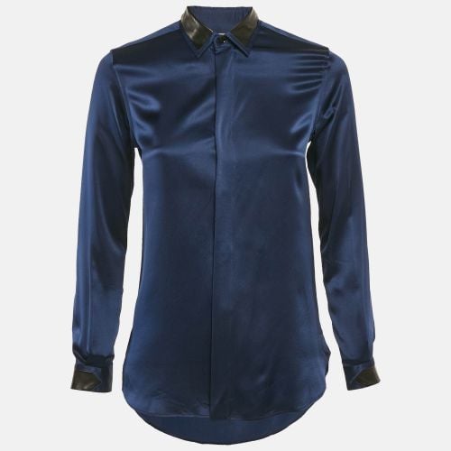 Saint Laurent Paris Blue Leather Trim Satin Silk Shirt S - Saint Laurent Paris - Modalova