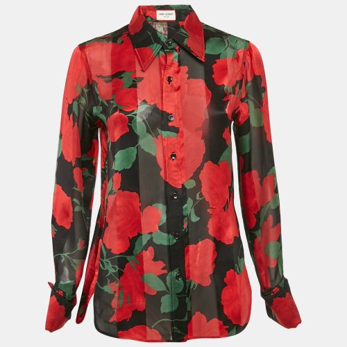 Red Floral Print Semi-Sheer Silk Shirt S - Saint Laurent Paris - Modalova