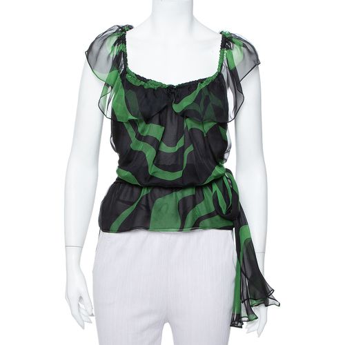 Saint Laurent Paris Rive Gauche Black & Green Silk Tie Detail Ruffled Top S - Saint Laurent Paris - Modalova