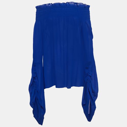 Saint Laurent Blue Smocked Silk Off-Shoulder Flared Sleeve Blouse M - Saint Laurent Paris - Modalova