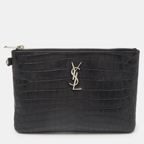 Saint Laurent Black Croc Embossed Leather Monogram Zip Pouch - Saint Laurent Paris - Modalova