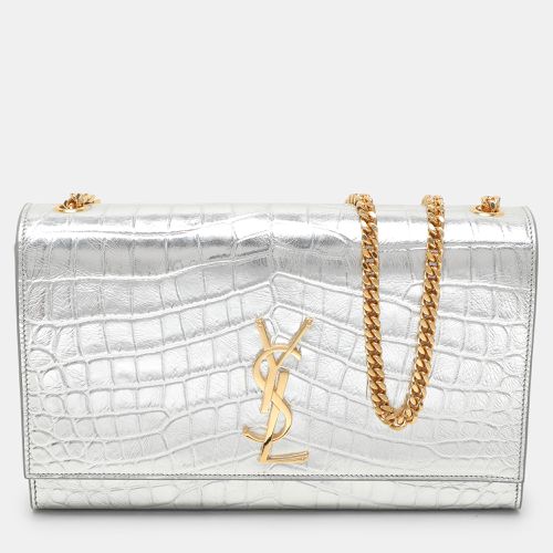 Saint Laurent Silver Croc Embossed Leather Medium Monogram Kate Shoulder Bag - Saint Laurent Paris - Modalova