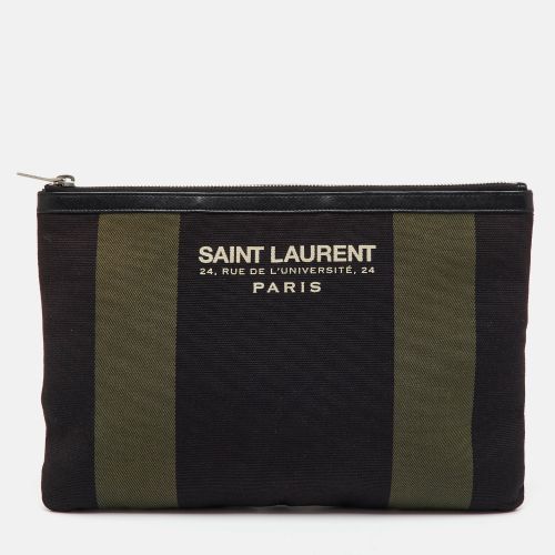 Saint Laurent Black/Khaki Stripe Canvas and Leather Zip Pouch - Saint Laurent Paris - Modalova