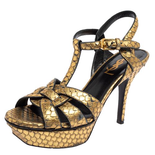 Saint Laurent Gold Python Embossed Leather Tribute Platform Ankle Strap Sandals Size 35 - Saint Laurent Paris - Modalova