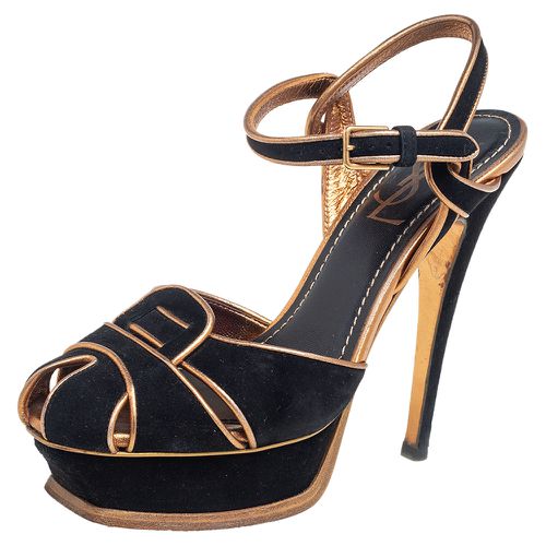 Saint Laurent Black Suede Leather Platform Ankle Strap Sandals Size 36 - Saint Laurent Paris - Modalova